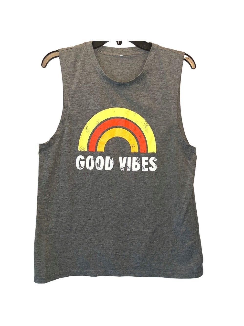 Gray Tank Top with Rainbow Good Vibes, Size Medium